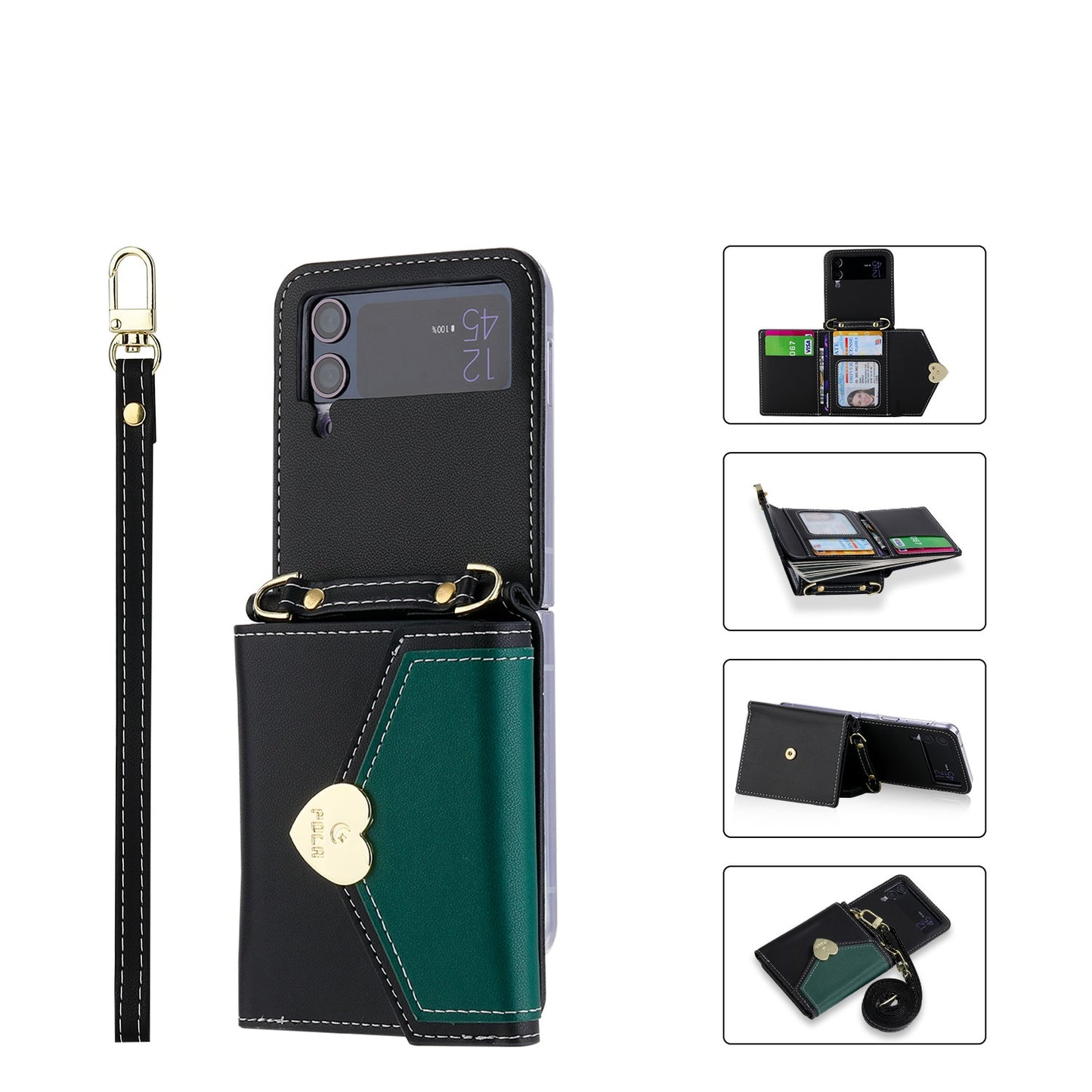 Galaxy Z Flip Cute Flip Wallet,  4 Card Slots, 3 Wallet purse, Wrist Strap, Adjustable Shoulder Strap, Mini Crossbody Bag