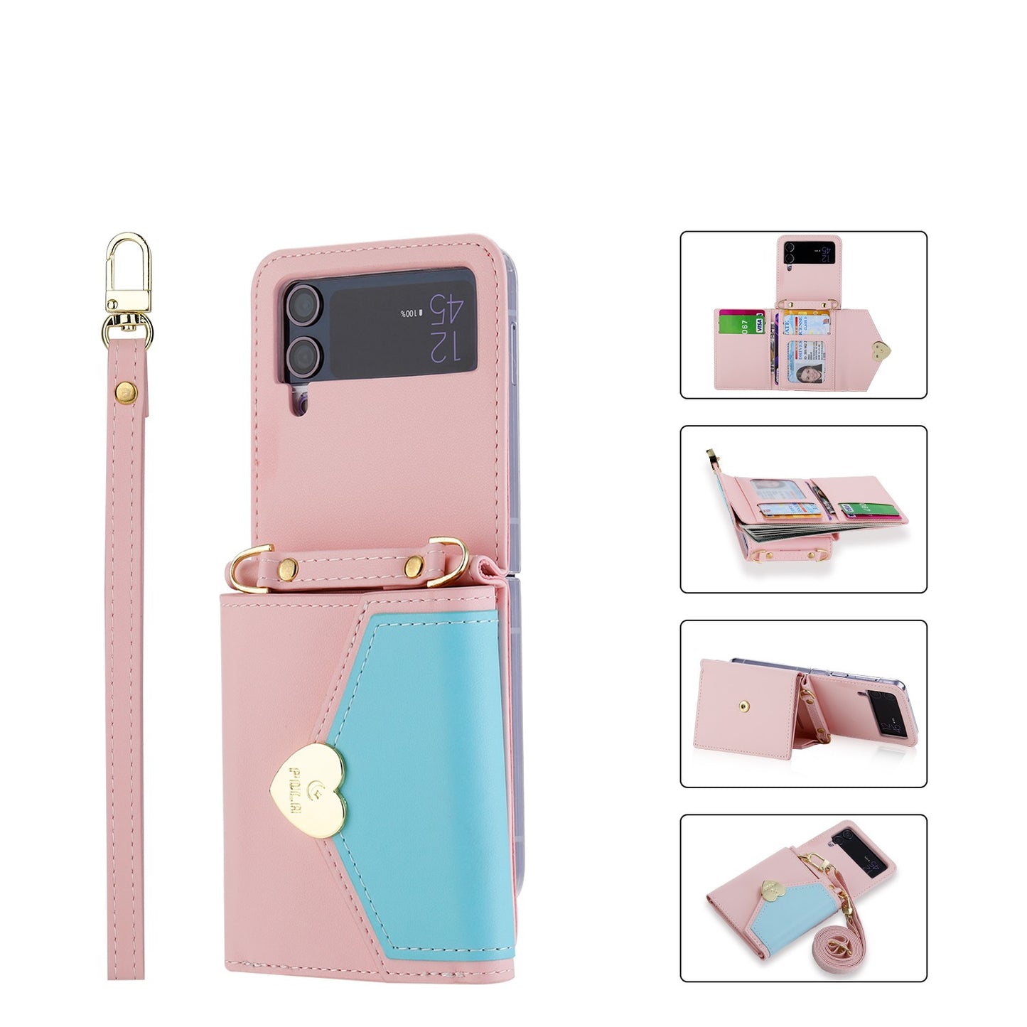 Galaxy Z Flip Cute Flip Wallet,  4 Card Slots, 3 Wallet purse, Wrist Strap, Adjustable Shoulder Strap, Mini Crossbody Bag