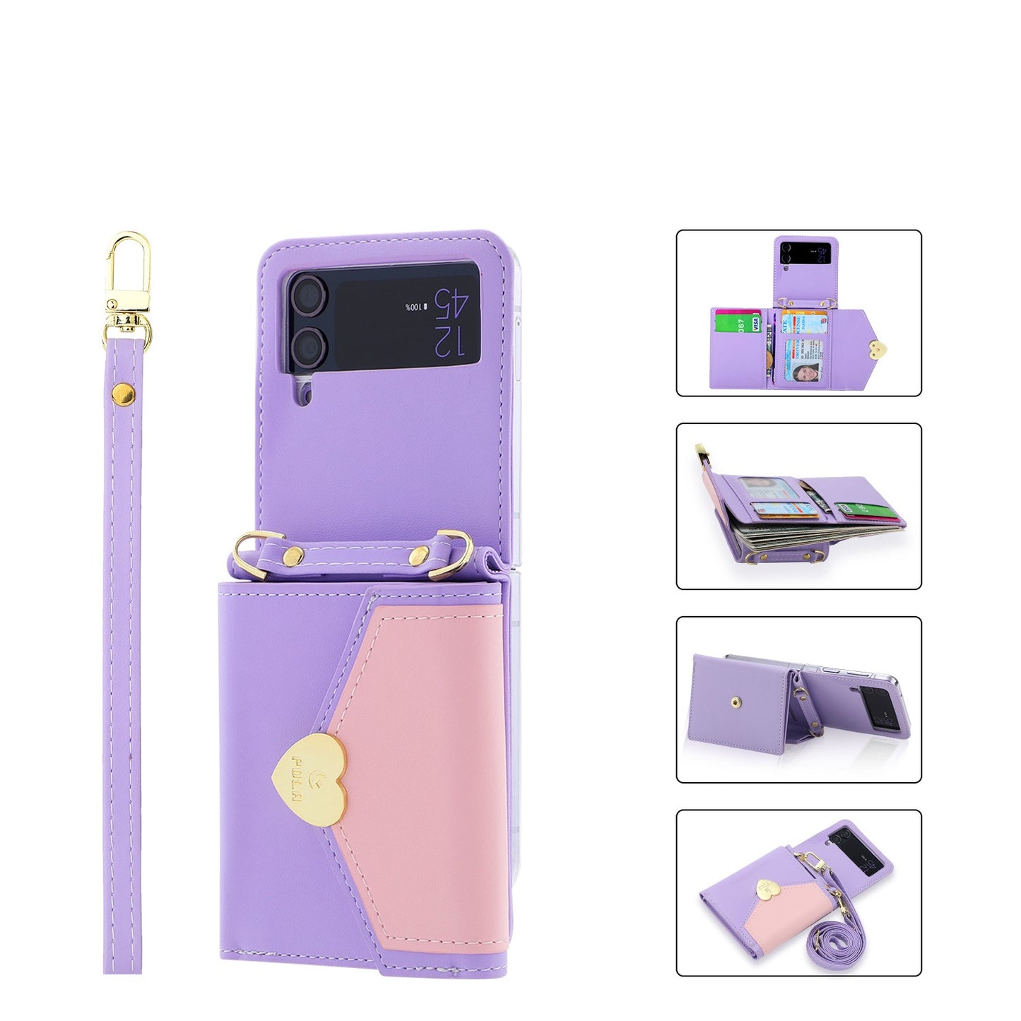 Galaxy Z Flip Cute Flip Wallet,  4 Card Slots, 3 Wallet purse, Wrist Strap, Adjustable Shoulder Strap, Mini Crossbody Bag