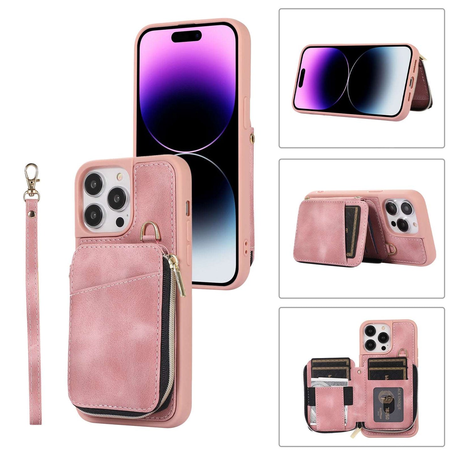 Zipper Wallet Case with Strap, for iPhone 14 13