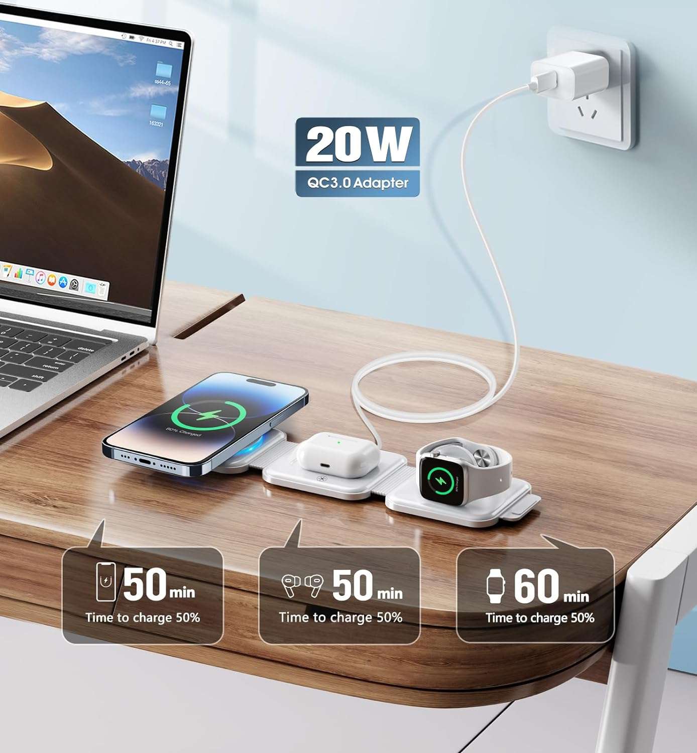 3 in 1 Charging Station for Apple Devices, 20W Foldable MagSafe Charger 