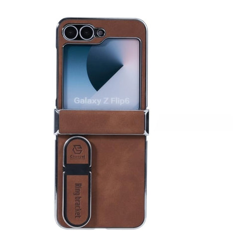 for Samsung Galaxy Z Flip 6 Case Electroplating Frame Stitching Leather Double Ring Bracket Folding Phone Case Shockproof and Drop-Proof Simple and Stylish