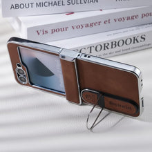 for Samsung Galaxy Z Flip 6 Case Electroplating Frame Stitching Leather Double Ring Bracket Folding Phone Case Shockproof and Drop-Proof Simple and Stylish
