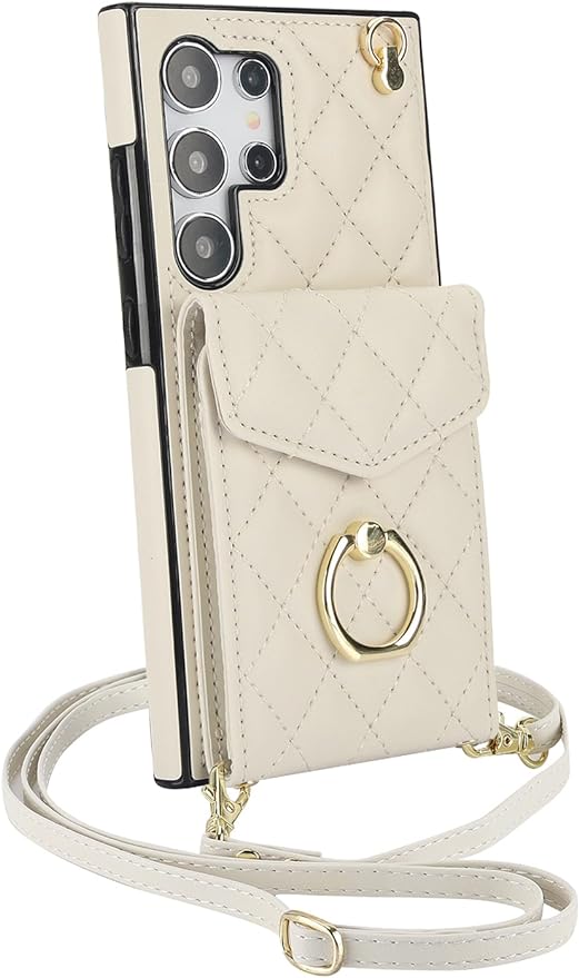 for Samsung Galaxy S24 Ultra Wallet Case with Ring,High Stylish Luxury Leather Accordion Card Holder,Anti-Drop Lanyard,Multi-Functional Ring Stand,Protective Leather Case.(White)