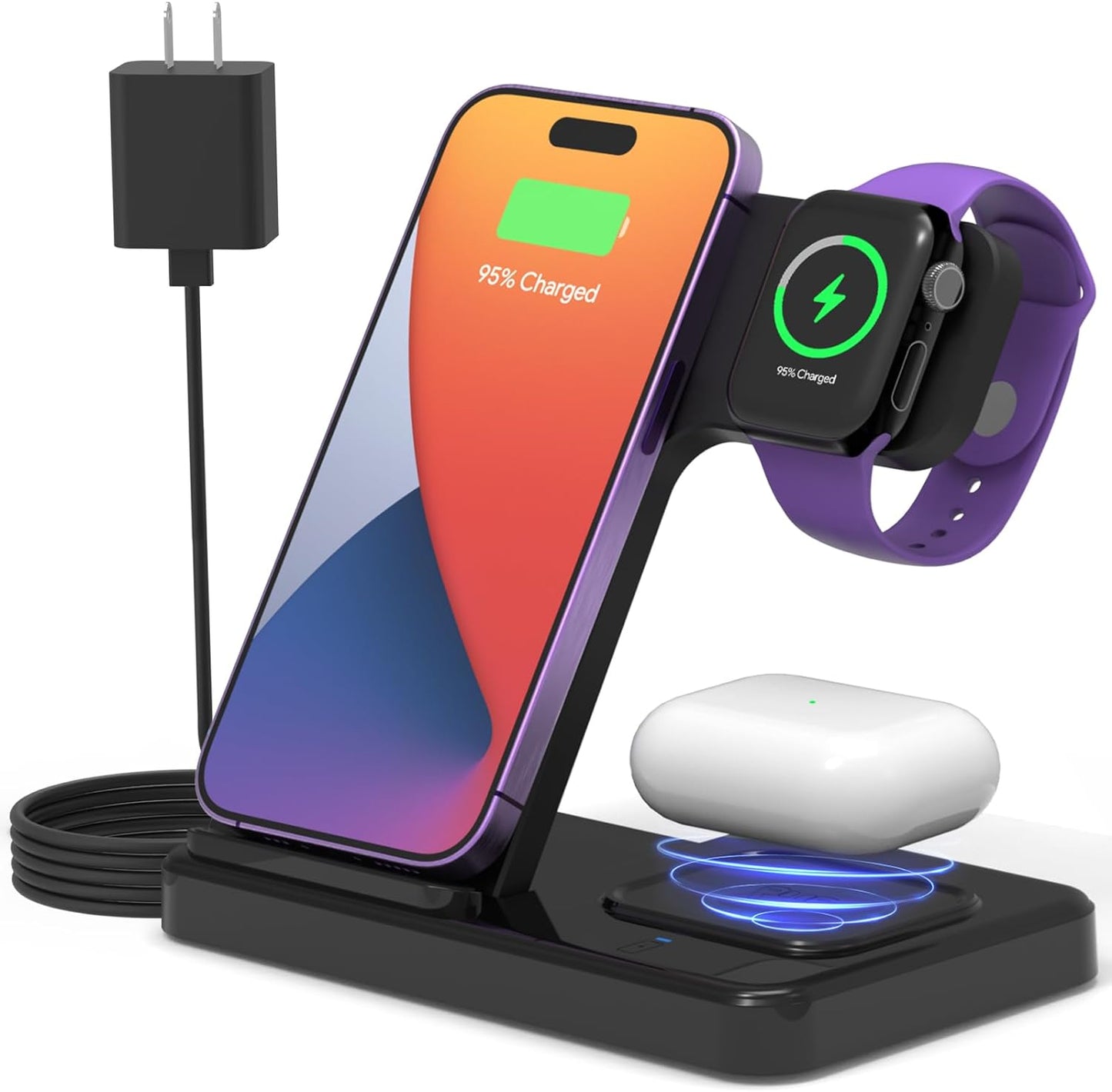 Wireless Charger for iPhone Charging Station: 3 in1 Charger Stand Foldable for Multiple Devices Apple-iPhone Series Apple Watch Airpods (Black)