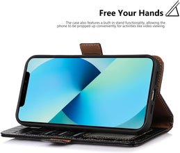 Genuine Leather Case for iPhone 17 Pro with 3 Credit Card Slot RFID Blocking,Crocodile Pattern and Magnetic Closure with Full Body Screen Camera Protective Flip Cover - Brown
