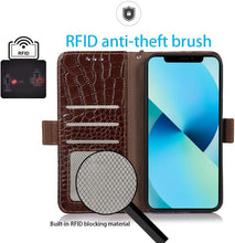 Genuine Leather Case for iPhone 16 Pro Max Pro with 3 Credit Card Slot RFID Blocking,Crocodile Pattern and Magnetic Closure with Full Body Screen Camera Protective Flip Cover - Brown