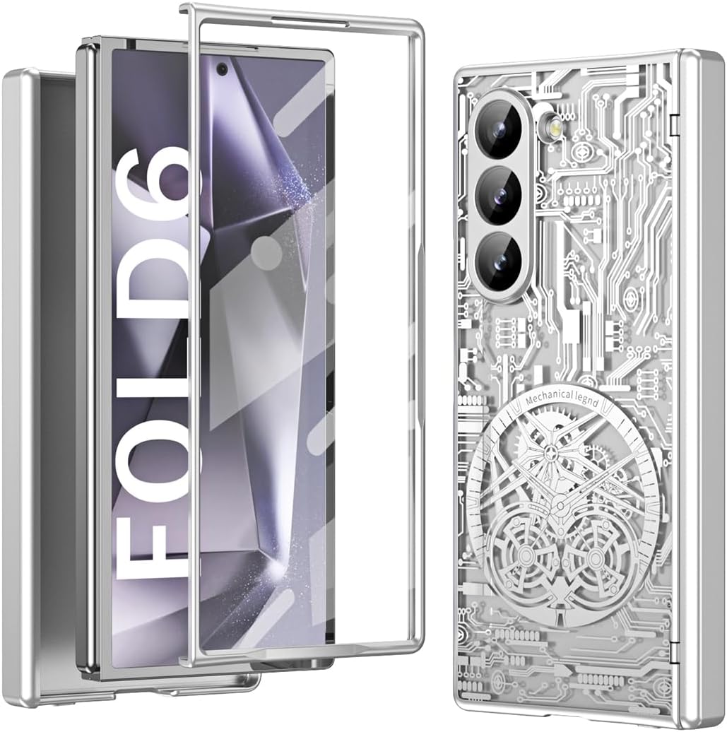 for Samsung Galaxy Z Fold 6 Case with Mechanical Legend Pattern, Front Screen Protector - Sleek Design, Holographic Texture, Plating Folding Completely 360 Full Protection.(Silver)