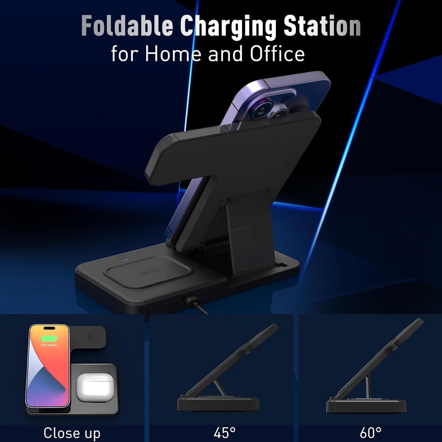 Wireless Charger for iPhone Charging Station: 3 in1 Charger Stand Foldable for Multiple Devices Apple-iPhone Series Apple Watch Airpods (Black)