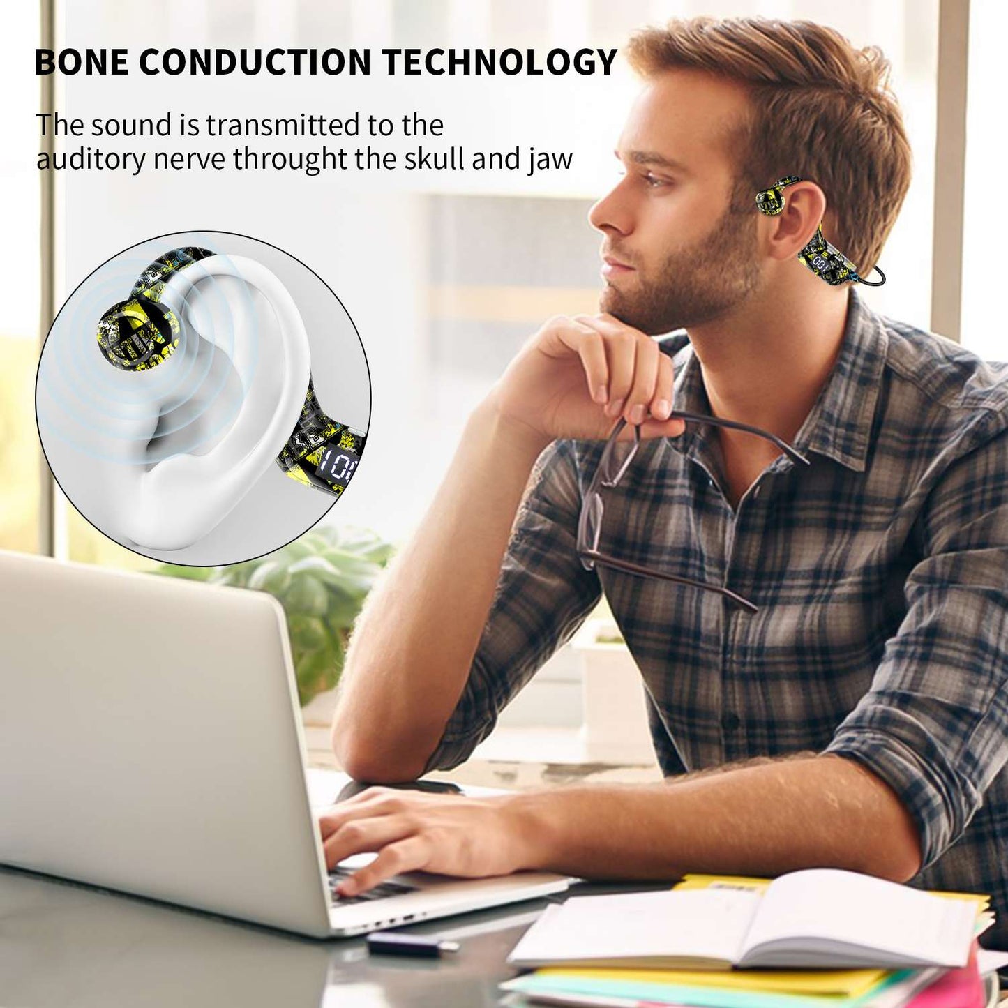 Open Ear Wireless Bone Conduction Earphones with Battery Display, Over 15-hour Continuous Playback