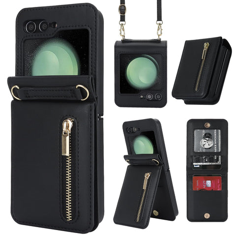 for Samsung Galaxy Z Flip5 Wallet Case with 4 Card Holder and 1 Zipper Slot Crossbody Strap Lanyard and Stylish PU Leather Shockproof Protective Cover