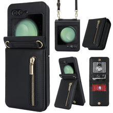 for Samsung Galaxy Z Flip5 Wallet Case with 4 Card Holder and 1 Zipper Slot Crossbody Strap Lanyard and Stylish PU Leather Shockproof Protective Cover