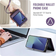 for Samsung Galaxy Z Flip 7 Wallet Case with RFID Blocking and 4 Credit Card Holder, Premium Durable Leather Magnetic Clasp Kickstand Heavy Duty Shockproof Protective Cover.- Purple