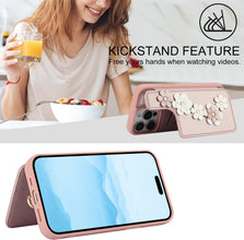 for iPhone 15 Pro Max Case Exquisite Leather Built-in Flip Card Holder Freshness Small Flower Pattern with Long and Short Strap flip Bracket Daily Travel Women