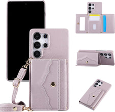 for Samsung Galaxy S23 Ultra Case Premium Leather Mirror Card Holder Cash Slot Equipped with Long Strap Simple and Little Fresh S23 Ultra Case for Galaxy