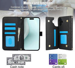 for iPhone 16 Wallet Case with 5 Card Slots and 1 Cash Slot and Crossbody Strap and Wrist Strap Luxury Fashion Shockproof Magnetic Flip Cover Protective