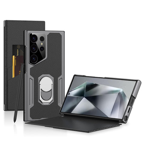 for Samsung Galaxy S24 Ultra Phone Case Flip Cover with Ring and Card Slot Cam Protection Faux Leather Full Wrap Noble and Elegant Full Protective Cover