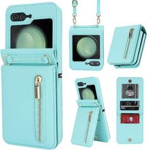 for Samsung Galaxy Z Flip5 Wallet Case with 4 Card Holder and 1 Zipper Slot Crossbody Strap Lanyard and Stylish PU Leather Shockproof Protective Cover