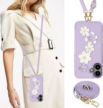 for iPhone 16 Case Exquisite Leather Built-in Flip Card Holder Freshness Small Flower Pattern with Long and Short Strap flip Bracket Daily Travel Women