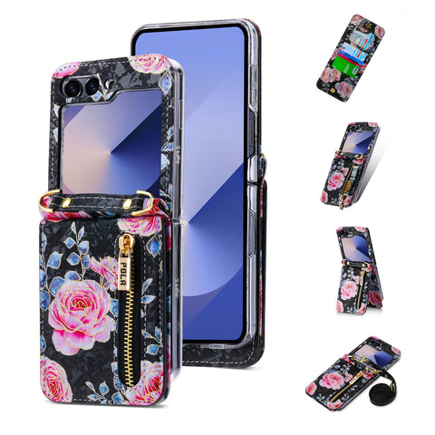 for Samsung Galaxy Z Flip 6 Wallet Case Floral Design with 4 Card Slots and 1 Zipper Pocket Long Lanyard and Kickstand for Women