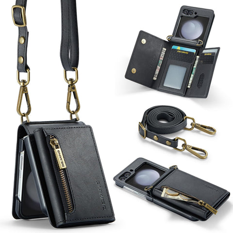 for Samsung Galaxy Z Flip Z5 Tri-Fold Zipper Wallet Case with 6 Card Slots and 1 Zipper Pocket and Long Lanyard PU Leather Pocket Stand Protective Cover