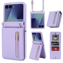 for Samsung Galaxy Z Flip 7 Luxury Zipper Wallet Phone Case, Multi-Function Kickstand Card Holder Adjustable Crossbody Strap, Fashion Flip Case.(Black)