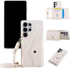 for Samsung Galaxy S23 Ultra Case Premium Leather Mirror Card Holder Cash Slot Equipped with Long Strap Simple and Little Fresh S23 Ultra Case for Galaxy