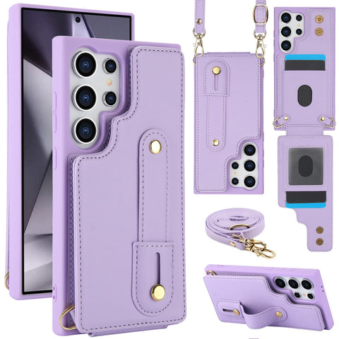 for Samsung Galaxy S23 Ultra Case Premium Leather Flip Card Holder Photo Frame Wallet Case Equipped with Long Strap for Cross-Body Adjustable Wrist Strap Bracket