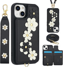 for iPhone 15 Pro Max Case Exquisite Leather Built-in Flip Card Holder Freshness Small Flower Pattern with Long and Short Strap flip Bracket Daily Travel Women