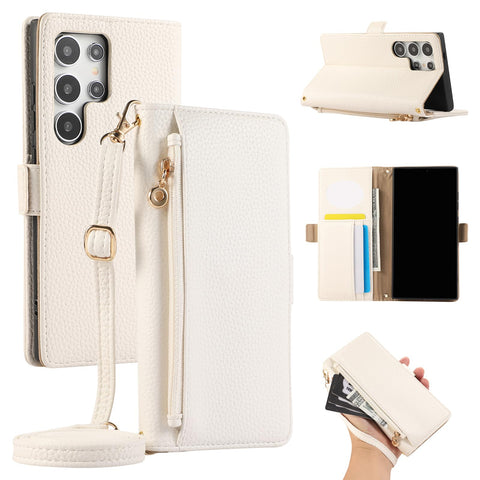 for Samsung Galaxy S24 Ultra Case with Zippered Cash Slot Mirrored Card Holder Long and Short Rope Cash Slot Exquisite and Fresh Style Multifunctional Galaxy S24 Ultra Case
