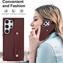 for Samsung Galaxy S24 Ultra Case Premium Leather Flip Card Holder Photo Frame Wallet Case Equipped with Long Strap for Cross-Body Adjustable Wrist Strap Bracket