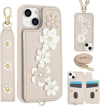 for iPhone 15 Pro Max Case Exquisite Leather Built-in Flip Card Holder Freshness Small Flower Pattern with Long and Short Strap flip Bracket Daily Travel Women