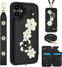 for iPhone 16 Case Exquisite Leather Built-in Flip Card Holder Freshness Small Flower Pattern with Long and Short Strap flip Bracket Daily Travel Women