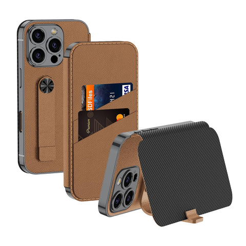 for iPhone 16 Pro Mobile Phone Case Classic Style Card Holder Luxurious Durable Leather Flip Cover Stand Rotatable Magnetic Strap Anti-Fingerprint Anti-Fall