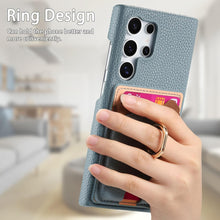 for Samsung Galaxy S24 Ultra Case Lychee Leather Card Slot Equipped with Finger Ring Easy to Carry Calf Card Holder Cute Style Shockproof and Drop-Proof