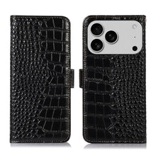 Genuine Leather Case for iPhone 17 Pro with 3 Credit Card Slot RFID Blocking,Crocodile Pattern and Magnetic Closure with Full Body Screen Camera Protective Flip Cover - Brown