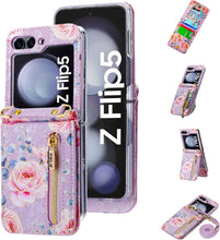 for Samsung Galaxy Z Flip 5 Wallet Case Floral Design with 4 Card Slots and 1 Zipper Pocket Long Lanyard and Kickstand for Women
