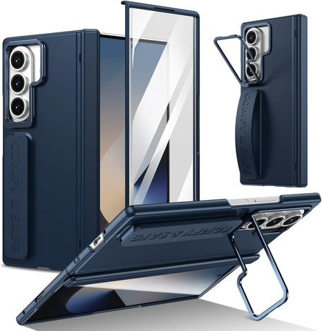 for Samsung Galaxy Z Fold 7 Protect Case with Wristband & Lens Stand,Bulit-in Screen & Hinge Protection Shockproof Full Body Drop Fall Protection.(Blue)