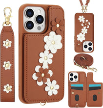 for iPhone 16 Case Exquisite Leather Built-in Flip Card Holder Freshness Small Flower Pattern with Long and Short Strap flip Bracket Daily Travel Women