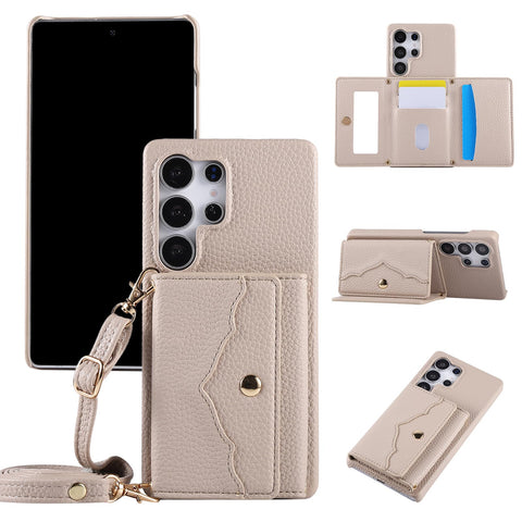 for Samsung Galaxy S23 Ultra Case Premium Leather Mirror Card Holder Cash Slot Equipped with Long Strap Simple and Little Fresh S23 Ultra Case for Galaxy