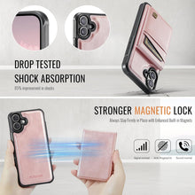 for iPhone 16 2 in 1 Detachable Card Holder Wallet Case Strong Magnetic Leather Card Holder RFID Blacking Case for iPhone 16 Pink