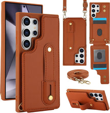 for Samsung Galaxy S25 Ultra Case Premium Leather Flip Card Holder Photo Frame Wallet Case Equipped with Long Strap for Cross-Body Adjustable Wrist Strap Bracket