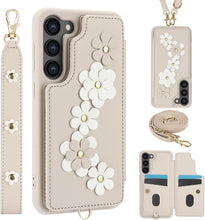 for Samsung Galaxy S23 Plus Case Exquisite Leather Built-in Flip Card Holder Freshness Small Flower Pattern with Long and Short Strap flip Bracket Daily Travel Women