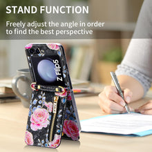 for Samsung Galaxy Z Flip 5 Wallet Case Floral Design with 4 Card Slots and 1 Zipper Pocket Long Lanyard and Kickstand for Women