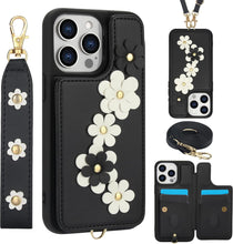 for iPhone 16 Case Exquisite Leather Built-in Flip Card Holder Freshness Small Flower Pattern with Long and Short Strap flip Bracket Daily Travel Women