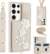 for Samsung Galaxy S23 Plus Case Exquisite Leather Built-in Flip Card Holder Freshness Small Flower Pattern with Long and Short Strap flip Bracket Daily Travel Women