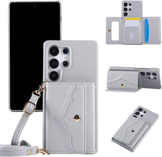 for Samsung Galaxy S23 Ultra Case Premium Leather Mirror Card Holder Cash Slot Equipped with Long Strap Simple and Little Fresh S23 Ultra Case for Galaxy