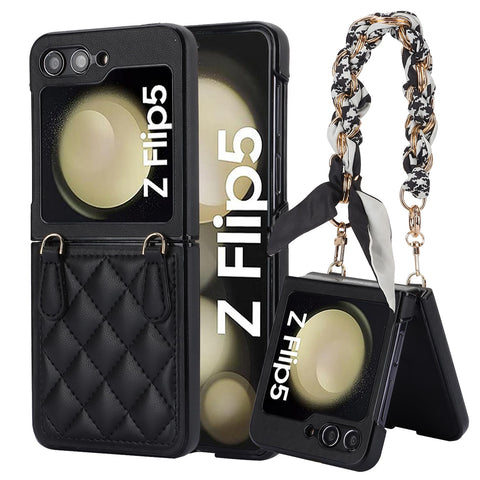 for Samsung Galaxy Z Flip5 Mobile Phone Case Folding Version with Detachable Crossbody Strap and Scarf Lanyard Anti-Fall Wear-Resistant Luxury Leather Protective Case