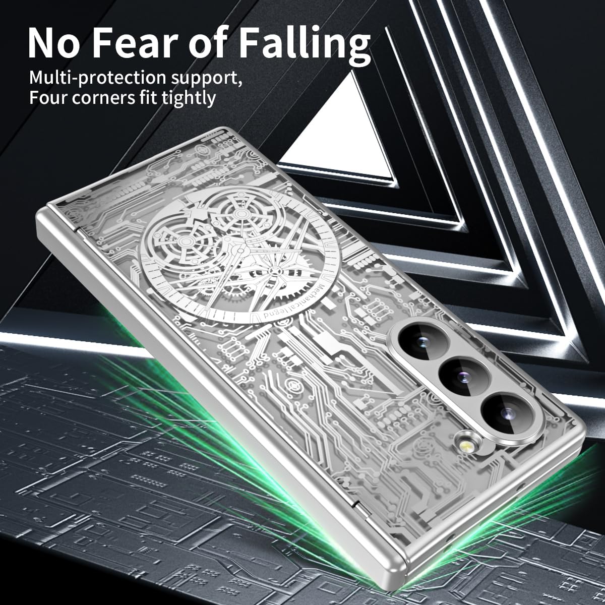 for Samsung Galaxy Z Fold 6 Case with Mechanical Legend Pattern, Front Screen Protector - Sleek Design, Holographic Texture, Plating Folding Completely 360 Full Protection.(Silver)