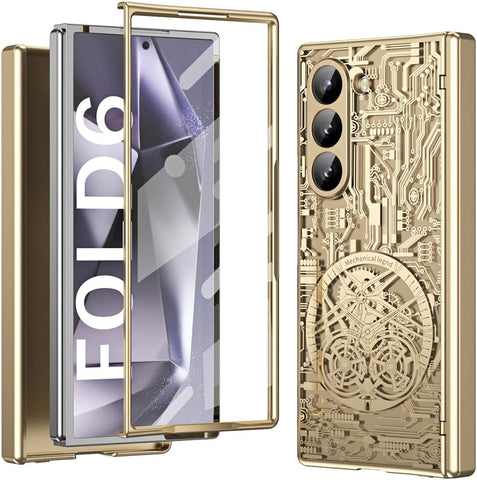 for Samsung Galaxy Z Fold 6 Case with Mechanical Legend Pattern, Front Screen Protector - Sleek Design, Holographic Texture, Plating Folding Completely 360 Full Protection.(Gold)